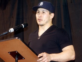 Detroit Red Wings forward forward Jordin Tootoo speaks Tuesday at the Walpole Island Sports Complex. (DAVID GOUGH/QMI Agency)