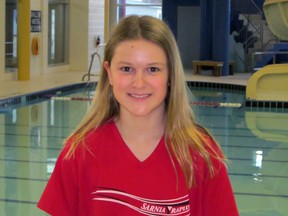 Sarnia Y Rapids 1 swimmer Nadine Osmon, 11, finished first in the 50m butterfly at a recent SEAL swim meet. (Submitted photo)