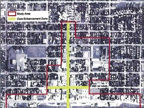 This map, supplied by the town of Fairview shows the area affected by the Town's revitalization plans - the core streets higlighted in green, the overall area inside the red lines.