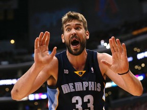 Memphis Grizzlies Marc Gasol protests a foul during Game 2 of their NBA Western Conference Quarterfinals basketball playoff series against the Los Angeles Clippers in Los Angeles, April 22, 2013. (REUTERS)