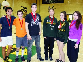 These area students finished in first place in their respective divisions during the county's Varsity Badminton Tournament. In the photo (left to right) is Stanley Chow, Coty Higgins, Brayden Martell, Hannah Wagner, Kelsey Jessup and Nicole Cloutier.