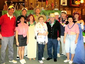 Having fun as Gilligan's Island characters at the Island Beach Party to close the season at the St. Thomas Curling Club, from left, are: front - John Wilson (Gilligan), Angela Kelly (Mary Ann), Donna VandenBoomen (Ginger), Graham and Lena Lewis (the Howells), Joanne Graham (Mary Ann); back - Wayne Kelly (Skipper), Dave VandenBoomen (Extra), Jim McCulloch (Gilligan), Lloyd Graham (Skipper), Josina McCulloch (Ginger). CONTRIBUTED