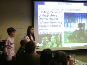 Students from Ecole Secondaire Publique Odyssee make a presentation at the North Bay Anti-Bullying Summit held at city hall Wednesday. Leaders from various sectors including health, law and education attended the event. The purpose of the summit is to work on a comprehensive plan to create a safe community for everyone.