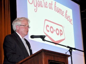 Longtime president of Portage la Prairie Consumers Co-operative Ltd. Peter Vandermeulen hosted his final AGM Tuesday night. He is stepping down having fulfilled a maximum of 16 years on the Co-op board. (CLARISE KLASSEN/PORTAGE DAILY GRAPHIC/QMI AGENCY)