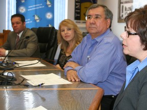 A group of private sector partners and organizations have agreed to contribute towards the $90,000 cost of a housing strategy for the City of Timmins. Partner representatives who spoke at a press conference at city hall Wednesday were, from left, Brian Marks, director of housing services with the Cochrane District social services, Trish Buttineau, communications co-ordinator with Goldcorp Porcupine Gold Mines, Bob Dickson, chief executive of Attawapiskat Resources and Carole Belanger, communications and community relations co-ordinator with Xstrata Copper.