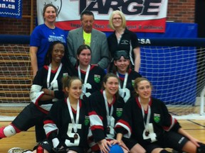 O’Gorman High School student Meghan Mahon, lower right wearing No. 4, was one of six members of the Ontario jgirls team that placed third in the Canadian Junior Goalball Championships held recently in Brantford. Wayne Gretzky’s father Walter, top middle row, who is a Brantford native, presented the team members with their bronze medals