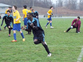 DARRYL G. SMART, The Expositor

Assumption's Michael Dhliwayo celebrates after scoring his game-tying goal against the BCI on Wednesday in high school boys soccer.