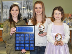 The Norwood And District Skating Club Award for the most improved skater in 2012-2013 was presented Friday to, from left, senior skater Lauren Bell, intermediate skater Taylor Pedersen and canskater Margot Walsh.