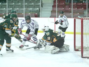 Jake Tresoor tried to poke the rebound into the back fo the net during regular season play for the Beaver Brae boys hockey team. Tresoor is one of 15 players heading to Winnipeg with the Beaver Brae Hockey Academy for the Rookie Classic.
FILE PHOTO/Daily Miner and News