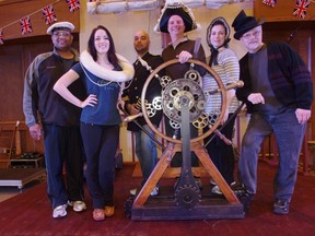 The cast of the Woodstock Choralaire's HMS Pinafore pose for a photo before rehearsal. From left Brian Belleth, Janelle Murray, Van Abrahams, Mark Weatherly, Corrin Descamp and Don Hastie. HEATHER RIVERS/WOODSTOCK SENTINEL-REVIEW