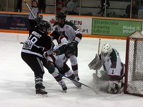 Sherwood Park Midget AAA Kings forward Steven Wright tries to crash the net during the dramatic eight period loss to the South Side Athletics in this year’s playoff run. Photo by Shane Jones/Sherwood Park News/QMI Agency