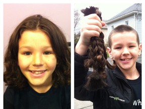 A before and after photo of 10-year-old Tyler Schell. Schell cut his long locks last week and donated the hair to the Candian Cancer Society to be used to make wigs. 
SUBMITTED PHOTO