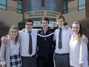Keira LaPierre, Dan Taylor, Calum Steele, Rob Halligan, Grace Esford put together a Twitter and video campaign to get comedian and Canadian Screen Award winner Gerry Dee to visit Holy Cross Catholic Secondary School Friday afternoon to help with their athletic banquet.
Julia McKay For The Whig Standard