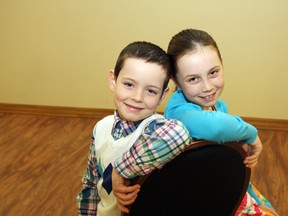 Nicholas Nadeau, 7, left, and his sister, Alexandria, 9, received an award at the annual Champions for Children Awards luncheon at the Steelworkers Hall in Sudbury, ON. on Thursday, April 25, 2013. JOHN LAPPA/THE SUDBURY STAR/QMI AGENCY