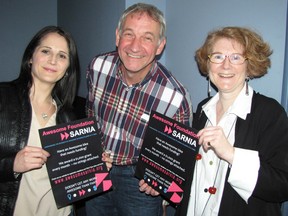 Awesome Foundation Sarnia was launched Thursday by the 12 trustees who will provide $1,000 a month for "awesome" community-minded ideas. From left are: Jaclyn Berube, John DeGroot and Alison Mahon. (CATHY DOBSON/THE OBSERVER/QMI AGENCY)