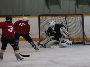 Brice McIntyre of Chippewa gets a shot off on Spartans goalie Riley Bullet during the Grade 7 and 8 co-ed hockey tournament that took place at the Pete Palangio Arena on Thursday.