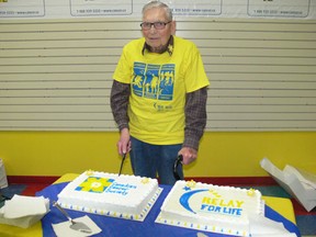 Honourary survivor Fred Cann cut the cake at the Relay For Life 2013 Launch at the Melfort Mall on thursday, April 25.