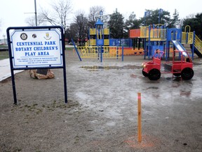 A wooden stake in the ground marks the area that Sarnia Public Works Department workers will be digging into to test for lead. Samples are being taken in and around the Centennial Park children's play area due to high levels of lead being discovered. The play area will be closed off to the public until the ministry has tested the area.(BLAIR TATE / FOR THE OBSERVER / QMI AGENCY)