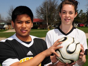 Striker Josh Molina, left, and attacking midfielder Val Lachine are expacrted to play key roles for their Central Elgin Titans squads as they enter the TVRA South soccer season.  (R. MARK BUTTERWICK / St. Thomas Times-Journal / QMI AGENCY)