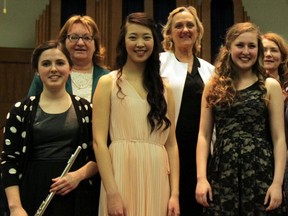Winners of the 2013 Silver Trophy competitions for the Quinte Rotary Music Festival are, from left, front row: Alexandra Danahy, winner of the Silver Pitcher and the Joe Demeza Prize,  Audrey Kao, Silver Tray winner for piano, and Kiera Dinsmore, winner of the Rose Bowl award for voice. Behind the winners are adjudicators Martha Gregory, Sonia Klimasko and Helen Torney.