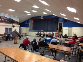 A man speaks to a panel of concerned anglers at a forum Saturday in Hepworth on the commercial fishing agreement between Saugeen Ojibway Nation and the provincial government. (DENIS LANGLOIS/QMI AGENCY)