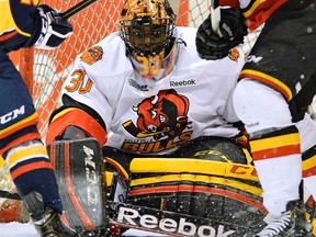 Belleville goalie Malcolm Subban was simply superb, backstopping the Bulls to a 3-1 win in Barrie Saturday night to force a seventh and deciding game in their series Monday at Yardmen Arena. (OHL Images)