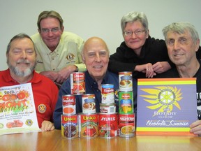 Local Lions and Rotarians gathered in Simcoe Thursday to speak about this spring’s foodbank food drive. The 2013 Food Fight Challenge kicks off Monday, April 29 across Norfolk and runs till May 10. In front, from left, are Rotarian Thor Olsen of Port Dover, Lion Harry Smith of Port Dover, and Rotarian Pete Wheatley of Simcoe. In back, from left, are Lion Brian Newhouse of Port Dover, and Rotarian Nancy Sherwin of Port Dover. (MONTE SONNENBERG Simcoe Reformer)