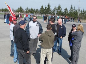 Members of United Steelworkers Local 8782 gathered outside the gates at the U.S. Steel plant at Nanticoke this spring after being locked out by the company. (DANIEL R. PEARCE Simcoe Reformer)