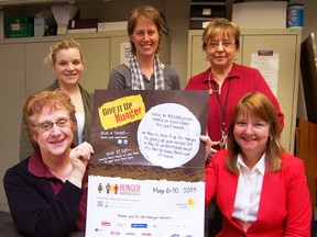Organizers for the Tillsonburg Food Drive on May 10, are encouraging everyone to drop off non-perishable food items or cash donations for the Helping Hand Food Bank in Tillsonburg. The food drive takes place during Hunger Awareness Week, May 6-10. For more information visit www.hungerawarenessweek.ca. In the photo, left to right in the back row, are: Crystal Saunders, communications coordinator for the Livingston Centre; Susan DeRoo with the Multi-Service Centre, and Joan Clarkson, coordinator for the Helping Hand Food Bank. In the front, are: Donna Acre with the Salvation Army and Chris VanLandschoot with Oxford County Human Services. KRISTINE JEAN/TILLSONBURG NEWS/QMI AGENCY