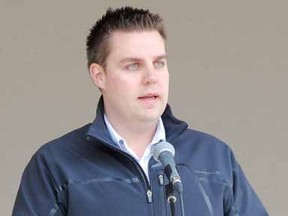 Firefighter Andrew Rogerson remembers Lieut. John Mavity who died earlier this year from cancer related to his job at the annual Day of Mourning ceremony put on by the Stratford and District Labour council Sunday. (LAURA CUDWORTH, The Beacon Herald)