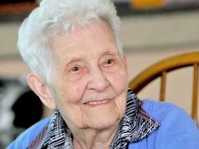 Mary Childs celebrated her 100th birthday with family, friends and former students at the Eden Villa Retirement Home in Chatham on Saturday. PHOTO TAKEN Chatham, ON., Saturday April 27, 2013 DIANA MARTIN/ THE CHATHAM DAILY NEWS/ QMI AGENCY