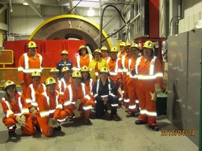 • Submitted Photo
Kirkland Lake Gold recently hosts a mine tour for Aboriginal women interested in working in the industry. Among those taking part were, front row from left Karon Krachuk,  Josie Martin, Kelly Lamontagnel; middle row from left Lisa Stanger, Deana Landry, Holly Boucher, Florence Batisse, Rachel Nahwegezhic; and back row from left Ada Chevrier, Sheila Madhabee K., Rebecca Boulanger, Melanie Tangie, Melisa Houde, Marie Josie Rodrique, Mary Jane McCormick, Dana Abitong, Brenda Batisse, Myra Wabie.