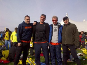 Roy Youngberg, (second from right) with three running mates prior to this year’s Boston Marathon.