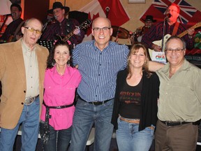 A party hosted by the Northern Ontario Country Music Association (NOCMA) was held in honour of three local musicians for their dedication to country music in the North on Saturday. Among those attending the hoedown were, from left, NOCMA president Dave Patterson, regional representative Linda Nadeau, and 2013 Great Northern Opry inductees Mike Geoffroy, Estelle Deschamps and Noël Geoffroy. The trio will be inducted at the NOCMA Awards in Sault Ste. Marie from Nov. 1-3.