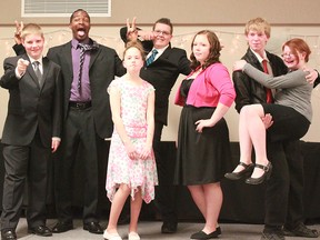 Award winners goof off with the key note speaker, Willie Spears, after the Spirit of Youth Award ceremony on Wednesday, April 24. From left: Darnell Jendrick, 12, Willie Spears, Jaina Chartrand, 11, Dustin Jendrick, 15, Sarah Shears, 16, Torsten Nagel, 17, and Emma Munday, 11. The Spirit Of Youth awards are designed to recognize the contributions local youth make in the community. The Spirit of Youth awards is are also part of People Of Whitecourt Encouraging Resiliency (P.O.W.E.R), a group that tries to develop and promote positive youth development. It is a collaborative effort by a number of groups and organizations in the community including: Alberta Health Services and Addiction, R.C.M.P, Team or Success, the Town of Whitecourt and the community at large. 
Celia Ste Croix | Whitecourt Star