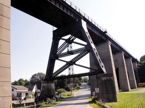 This view of the Michigan Central Railway bridge spanning Kettle Creek shows the massive concrete piers that support the structure built in 1929. (Times-Journal file photo)