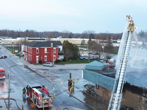 A rooftop view of the Seaforth Foodland grocery store fire is taken at dawn on Saturday morning.