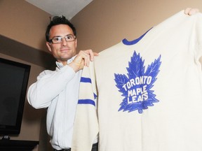Sudburian John Arnold shows off his grandfathers Toronto Maple Leafs jersey, John McCreedy was a member of the legendary 1942 Stanley Cup team. GINO DONATO/THE SUDBURY STAR