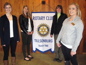 The Rotary Club of Tillsonburg provides local students an opportunity to participate in a variety of exchange programs. From left, are: Riley McKnight, who is currently in Ottawa on a five-day Rotary Adventure in Citizenship Program; Nina Torala, a Finnish exchange student currently attending school at Glendale; Rotarian liaison Anne Kamenar and Emily Holman, who is heading to Melbourne, Australia this summer. Jeff Tribe/Tillsonburg News