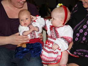 One month old Ashley Dyok (left) and seven month old Emerson Schmidt looked the part during the Nipawin Veselli Dancers recital on Saturday, April 27.