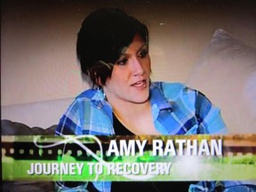 This is a screen grab from a YouTube video featuring Amy Rathan, a young woman from the Woodstock area who was attempting to break free of drug addiction while living in the Norfolk area. This past weekend Rathan relocated to Brampton. The video is available on YouTube under the heading “aimeerathan.”
