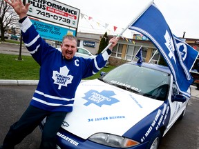John Velocci, of Performance Plus on Rivalda Rd. in the Weston Rd.-Sheppard Ave. area, with his Maple Leafs-themed car Tuesday, April 30, 2013. (DAVE THOMAS/Toronto Sun)