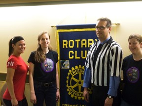 Jenn Bach, Kim Wilton, Charles Morrison and Robin Dudgeon of the Plap City Rollers roller derby league took the time to present to the Portage Rotary Club, Tuesday afternoon, about their league and the upcoming bout season which begins on May 11 in Brandon. (ROBIN DUDGEON/THE GRAPHIC/QMI AGENCY)