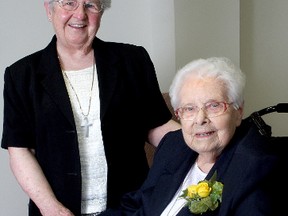 Sr. Kathryn Quigley (sitting) celebrated her 100th birthday on Tuesday. With her is Sr. Rosemarie Shannon.
Ian MacAlpine The Whig-Standard