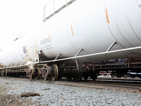 Ontario Northland Railway freight cars shown Tuesday on the tracks near a residential area off Monk Street. (PJ Wilson The Nugget)