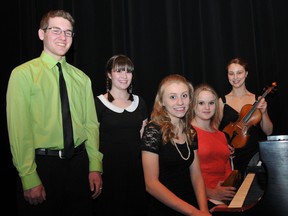 Top performers in this year's Stars of the Festival are, from left, vocal star Reed McDonald, Colonel W.S. Watson Scholarship winner McCaila Cosgrove, piano star Kathryn Jonker, junior star Hannah Oliver and instrumental star Anna Reusing. RONALD ZAJAC The Recorder and Times