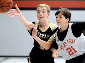Gregory Drive Grizzlies' Ian Pelley, left, makes a pass while being guarded by Ben Turnbull of the Indian Creek Road Sun Devils during the Chatham public elementary school senior boys' basketball final Tuesday at Indian Creek Road Public School. (MARK MALONE/The Daily News)