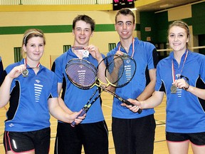 Pain Court's Emily Pepper, second from left, and Cassandra Faubert, second from right, won the girls doubles final at the SWOSSAA badminton championship last week. Teammates Kaylobe Derynck, third from left, and Avery Speller won the boys doubles title. Both duos will compete at the OFSAA championship starting Thursday in Chatham. They're pictured with Patriotes coaches Guy Mayer, left, and Paul Charbonneau. (Contributed Photo)
