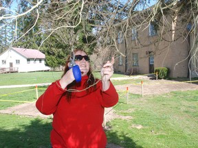 Heather Kaufmann-Seelisch of St. Thomas trims branches at Pearce Williams Christian Centre last week during a spring cleanup day.