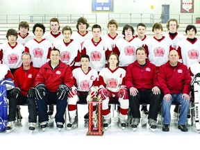 Submitted photo
The Pembroke Minor Midget Kings recently won the Upper Ottawa Valley Minor Hockey League playoff  crown. In the photo are team members (front from left) Jonathan Chippure, assistant coach Perry Larochelle, coach Gord Goldberg, Logan Larochelle, Brenden Ogilvie, assistant coach Peter Ethier, trainer Bob Fox and Keenen Fox. In the middle row (from left) are Kayden Voskamp, Camil Carrier, Jordan Ziese, Connor Kinloch, Nelson Morris, Eric Yaraskavitch and Raegan Goldberg. In the back row (from left) are Matthew Brooks, Nicholas Ethier, Avery Nagora, Konnor Levesque, Isaac Campitelli, Jacob Edwards.